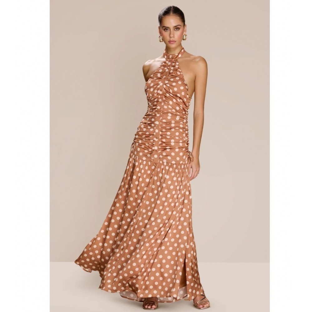 Sonya Moda Nawal Stretchy Silk Terracotta Polka Dot Halter Maxi Dress New!